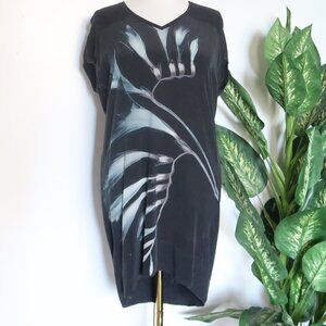 All Saints Silk Art Print Knit T-Shirt Dress V-Neck Short Cup Sleeve Shift US 4